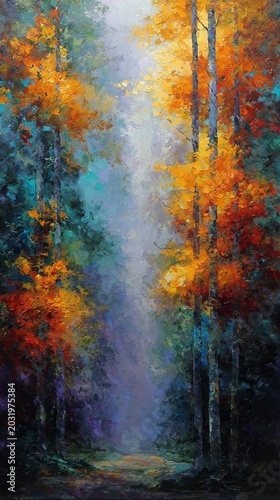 Impressionistic Autumn Forest Path - A Vibrant Tapestry of Color and Light.