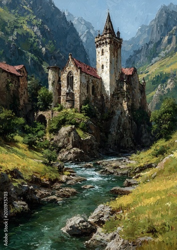 Majestic Castle Nestled in a Mountainous Landscape with Flowing River.