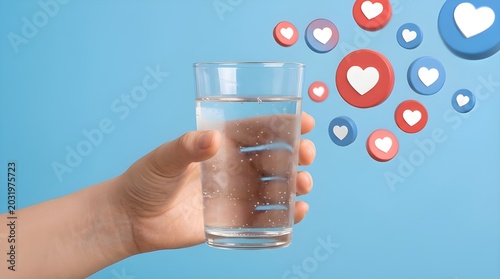 Glass of water held by hand with social media hearts