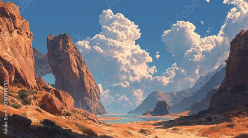 Majestic Desert Landscape with Towering Rock Formations and Dramatic Sky.