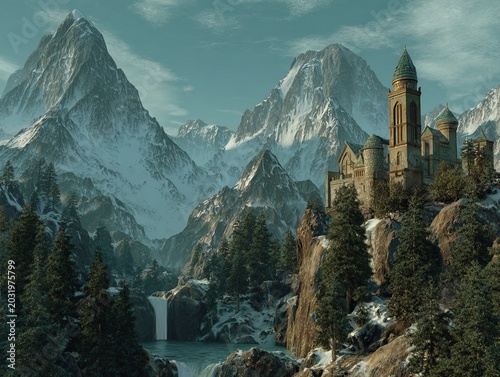 Majestic mountain landscape with a medieval castle perched on a cliff.