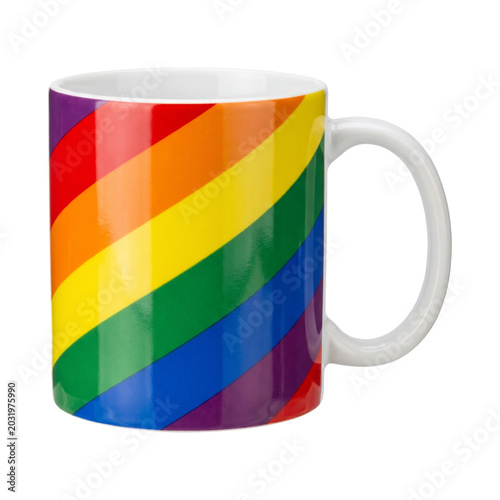 Colorful rainbow pride mug with vibrant diagonal stripes on white ceramic surface