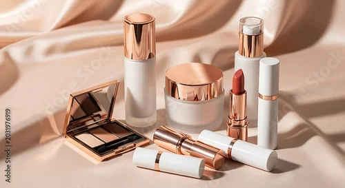 Obraz Luxury skincare and makeup set with golden packaging on soft pink fabric background. limited edition beauty bundles