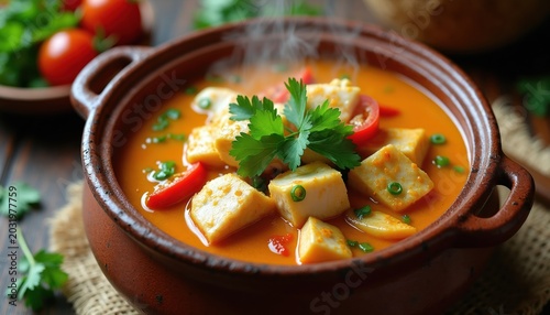 Brazilian moqueca fish stew in clay pot. Hot seafood dish with coconut milk and dende oil. Steam rises from delicious ethnic food, garnished with parsley and tomatoes.
