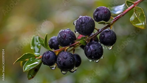 maqui. A branch with deep purple berries glistening with morning dew, macro detail. gardening catalogs, home-decor guides, designed for home decor and floral branding, used by web designers.