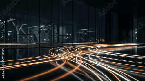 Abstract Long Exposure Cyberpunk Light Trails and Futuristic Skyscraper Reflection in Smart City at Night
