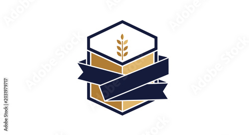 Elegant Wheat Emblem Design With Hexagonal Frame And Decorative Navy Ribbon Detail