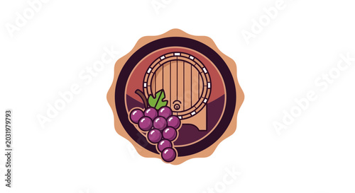Elegant Wine Barrel Badge Design With Grapes, Perfect For Beverage Marketing