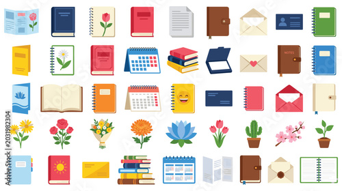 Foto Stationery diary book and organizer flat design icon set.