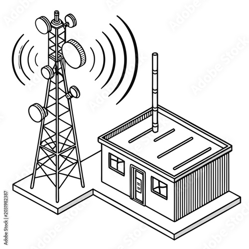 Cuadro en lienzo Wireless signal transmission tower and building clean black and white vector ill