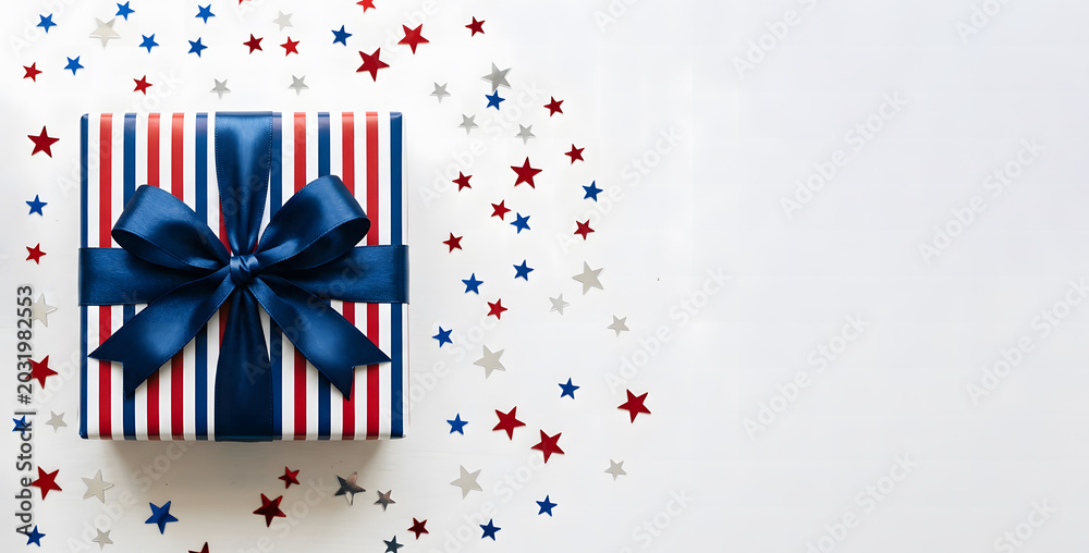 Obraz premium Single luxury gift box with patriotic red, white, and blue stripes on neutral surface, concept for American holidays, corporate gifting, and sales