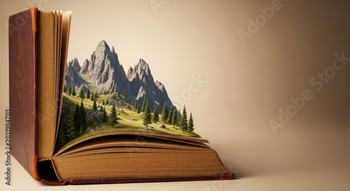 Open brown leather book revealing mountain landscape with green trees and rocky peaks inside its pages perfect for education and literature concepts