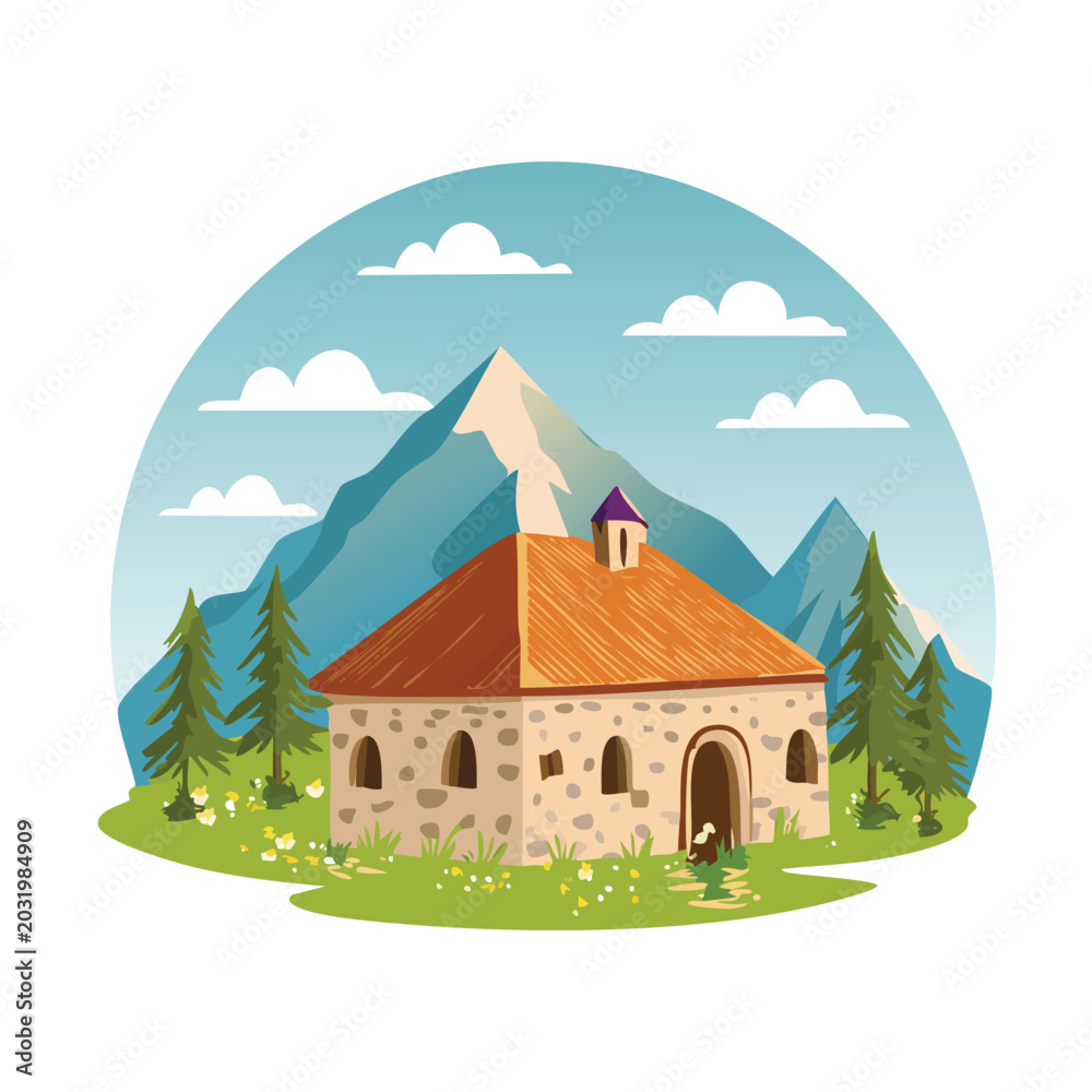 Naklejka premium Cartoon illustration of a house with mountains and trees in a natural environment