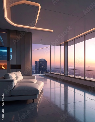 Modern Living Room with City View at Sunset.