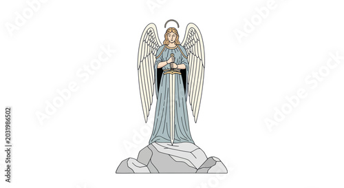 Bild auf Leinwand Angel Warrior Statue Holding Sword on Rock with Halo and Wings