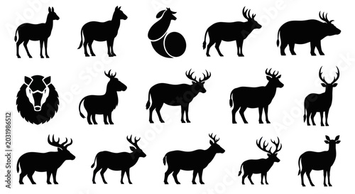 Photography Deer Silhouette Collection: Wildlife Icon Set with Antlers and Stag Graphics