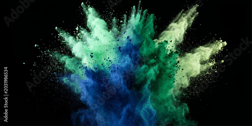 Foto Explosion of vibrant green and blue powder against a dark backdrop, creating a dynamic and artistic visual effect that suggests energy and transformation