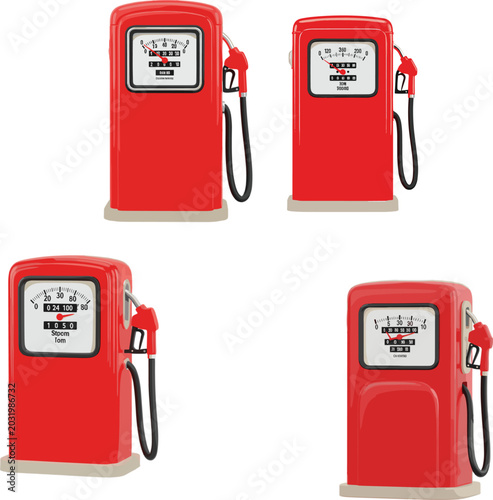 Photos Vintage red gas pump vector set with fuel nozzle and retro dial gauge for statio