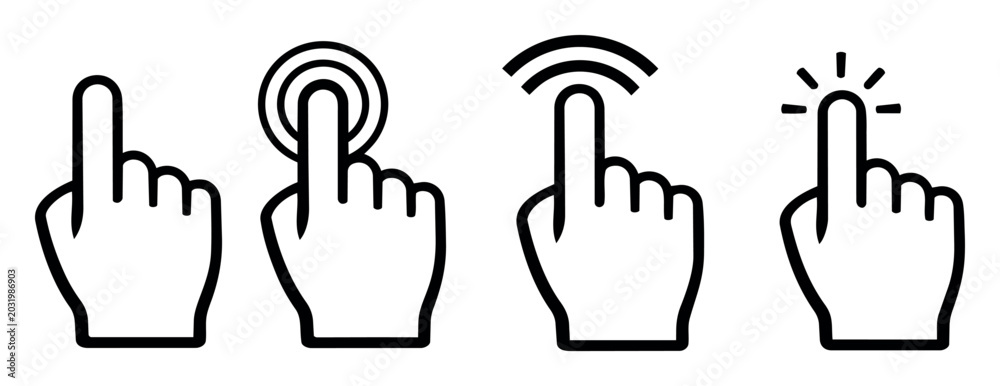 Obraz premium Hand pointer icons showcasing different interaction signals for interface, including tap, click, and touch