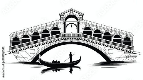 Black and white illustration of a gondola under Rialto Bridge in Venice Italy