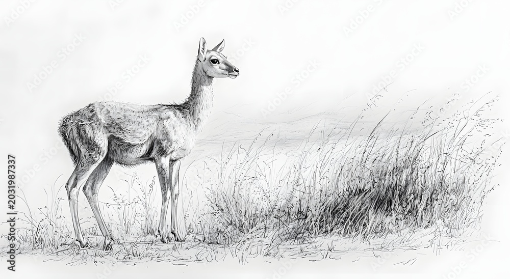 Obraz premium Hand sketched vicuna showing delicate fur and alert gaze image