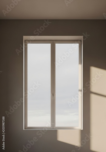 Minimalist modern window with sunlight shadows on beige wall