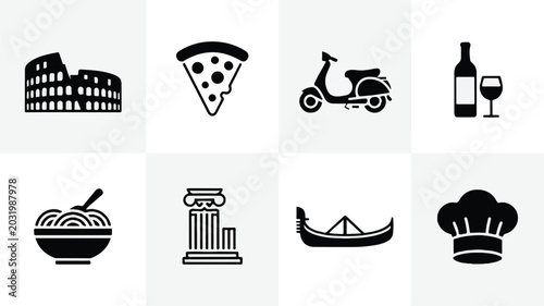 Collection of various food and travel icons on gray background