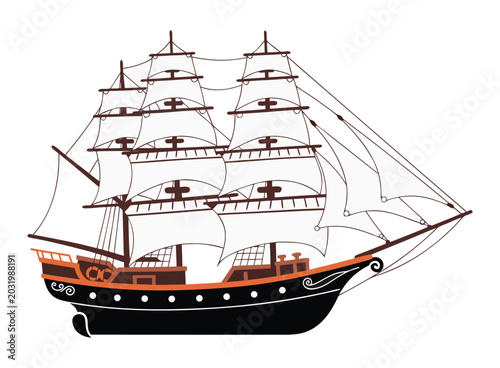 Fotografía Sailboat illustration, detailed old sailing ship drawing, beige sails, sea vessel graphic