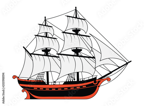 Tableau sur toile Sailboat illustration, detailed old sailing ship drawing, beige sails, sea vessel graphic