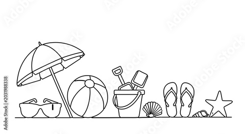 Summer beach vacation elements line art set