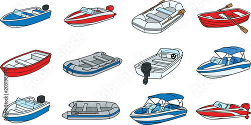 Photos Outline Style Motorboat and Watercraft Collection Set Featuring Speedboat, Infla