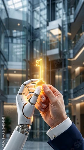 Human and robot hands hold glowing key in office showing AI assistant, AI support business success partnership