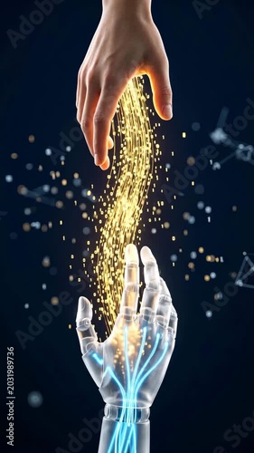 Human and glass robot hands exchange glowing data stream showing AI assistant, AI support data transfer intelligence