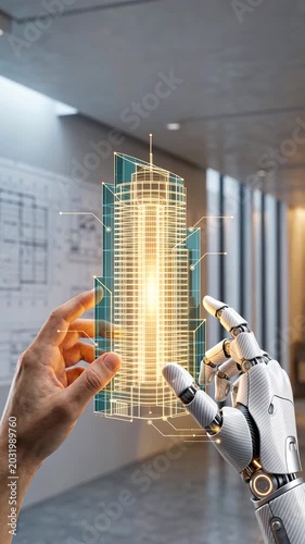 Human and robot hands shape glowing skyscraper model showing AI assistant, AI support engineering design smart city