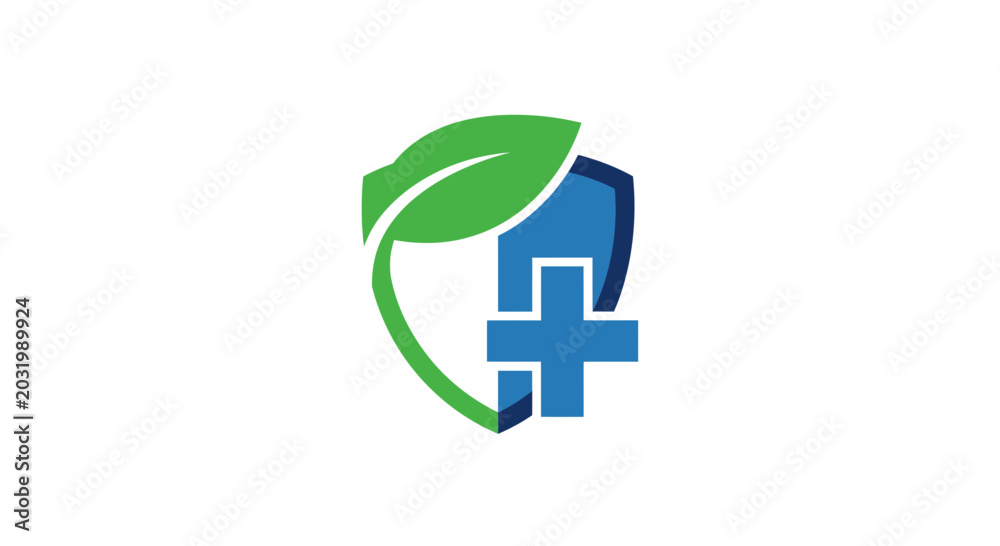 Fototapeta premium Healthy Nature Medicine Logo: Shield, Leaf, Cross Symbolizing Wellness and Protection