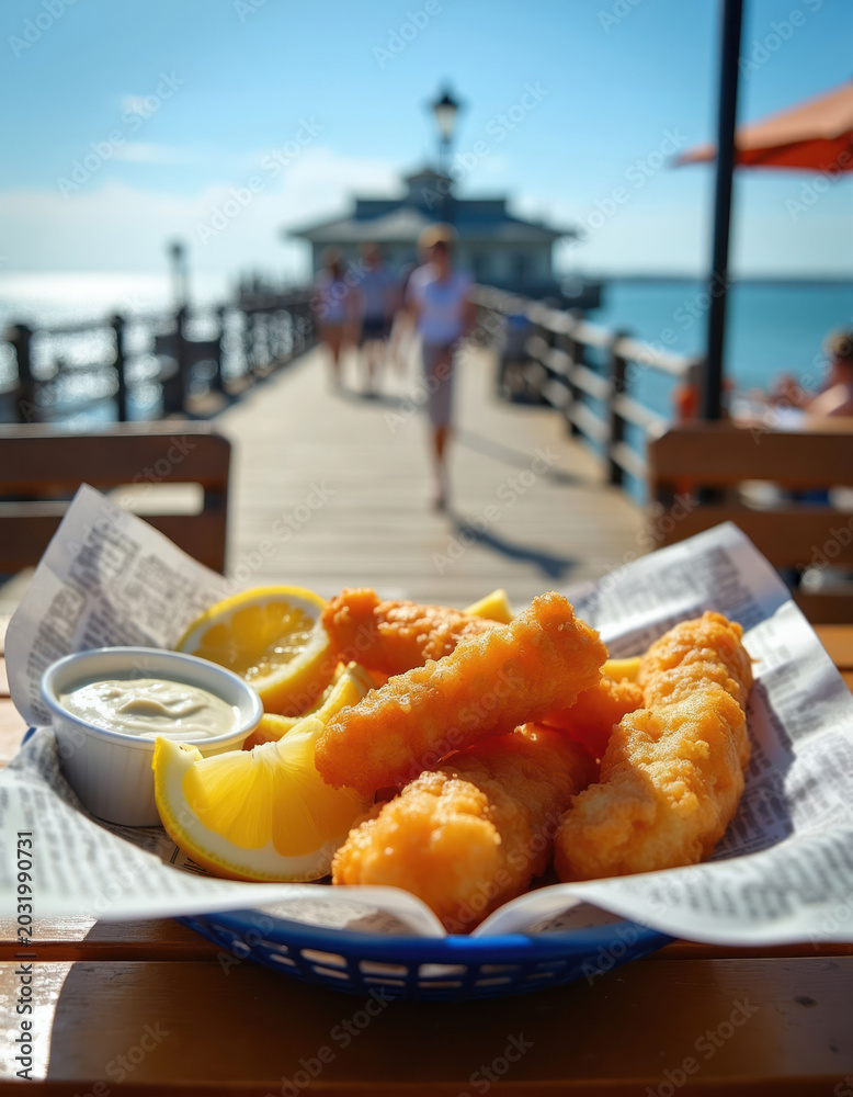 Obraz premium Golden crispy fish and chips with lemon slices served in blue basket on wooden table. People walk on pier in background ocean and bright blue sky.