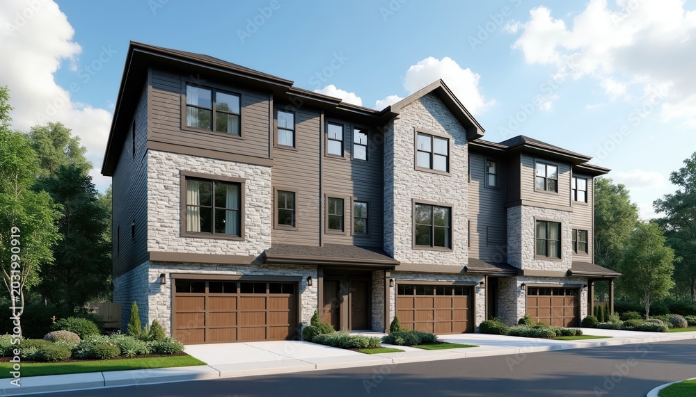 Fototapeta premium Three modern townhouses with stone, wood siding stand side-by-side under blue sky. Each unit features double garage, large windows, well-kept landscaping, offering comfortable urban living space.