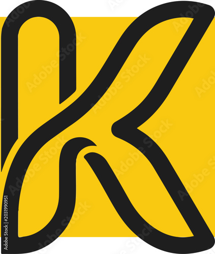 Abstract letter K logo design with black outlines on a yellow square background.