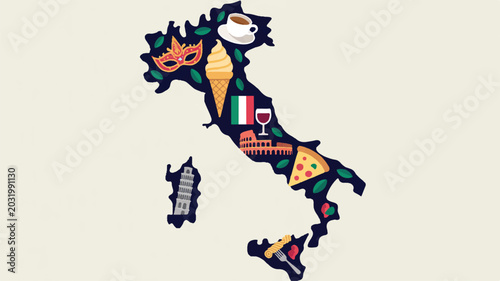 Italy map with various cultural symbols and food icons on beige background