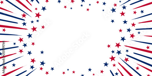 Stars and brush stroke lines in red and blue spread across a white isolated backdrop Lively scene for celebration Independence Day. Design is bright and inviting 4th july border frame USA concept