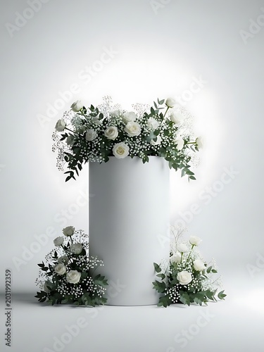 White Cylindrical Pedestal with White Roses and Green Foliage for Product Display