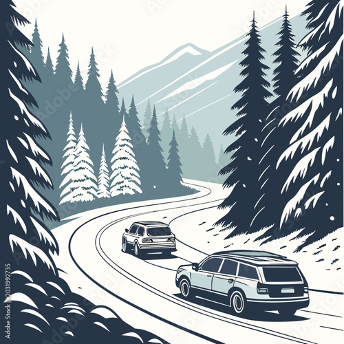 Valokuva Winter landscape with two station wagons driving on a winding road through snow
