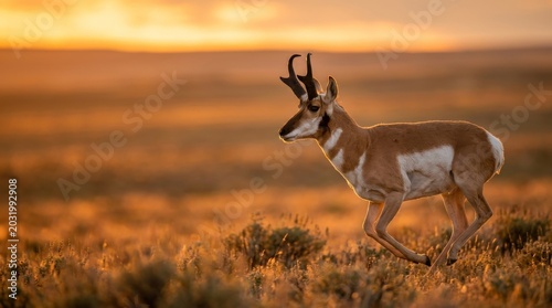 Pronghorn Antelope Running Through Dry Grassland During Golden Hour Sunset
