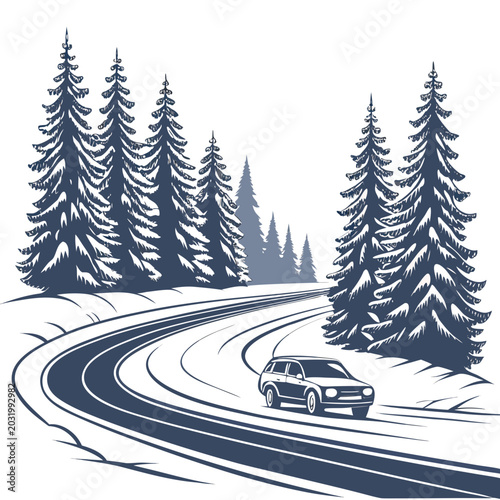 Valokuva Winter highway scene with coniferous trees and a vehicle depicted as a monochrom