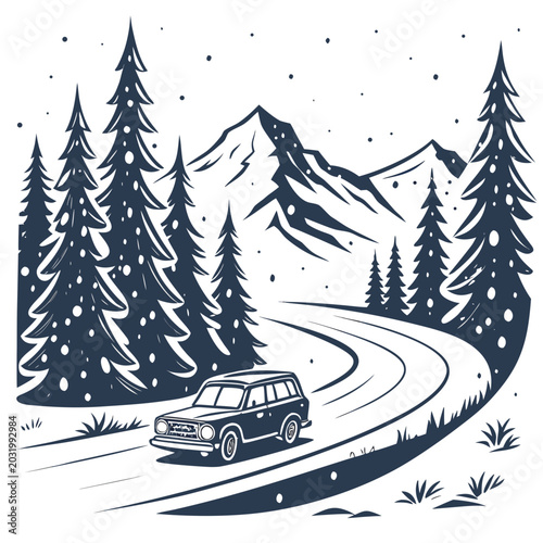 Foto Vintage station wagon travels a winding road through snowy mountains in a monoch