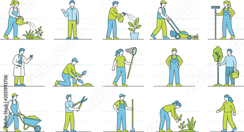 Foto Outline Style Gardening and Landscaping Worker Character Set Featuring Watering,