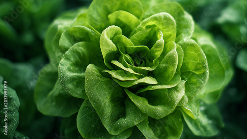  fresh green butterhead lettuce growing naturally in a garden bed. Crisp leafy texture,  made with generative AI