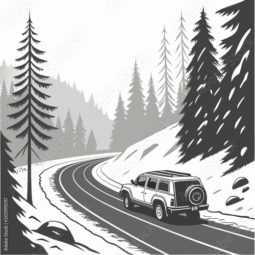 Bild auf Leinwand Vehicle travels along a winding road through a snowy forest in a grayscale vecto
