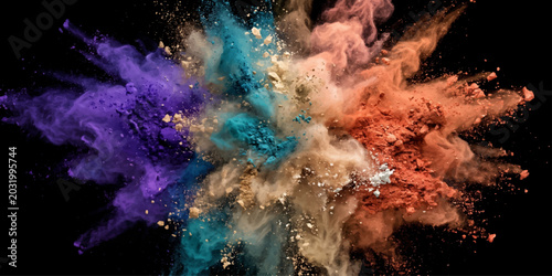 Obraz na płótnie A vibrant explosion of colorful powder erupts outwards against a stark black background, creating a mesmerizing and dynamic abstract display of hues and textures