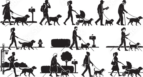 Foto Black silhouettes of people walking dogs in various urban settings and poses